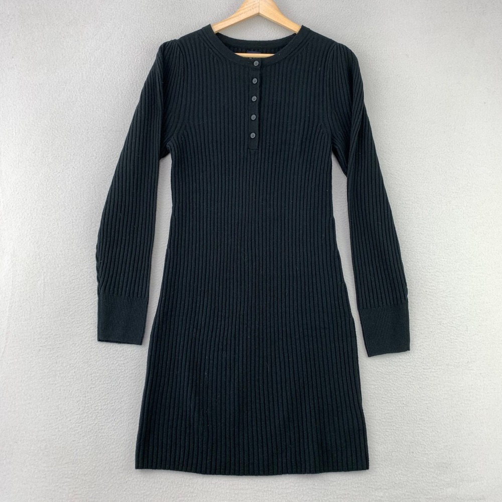 GAP Ribbed Henley Sweater Dress Women S Black Casual Long Sleeve Cotton Blend‎